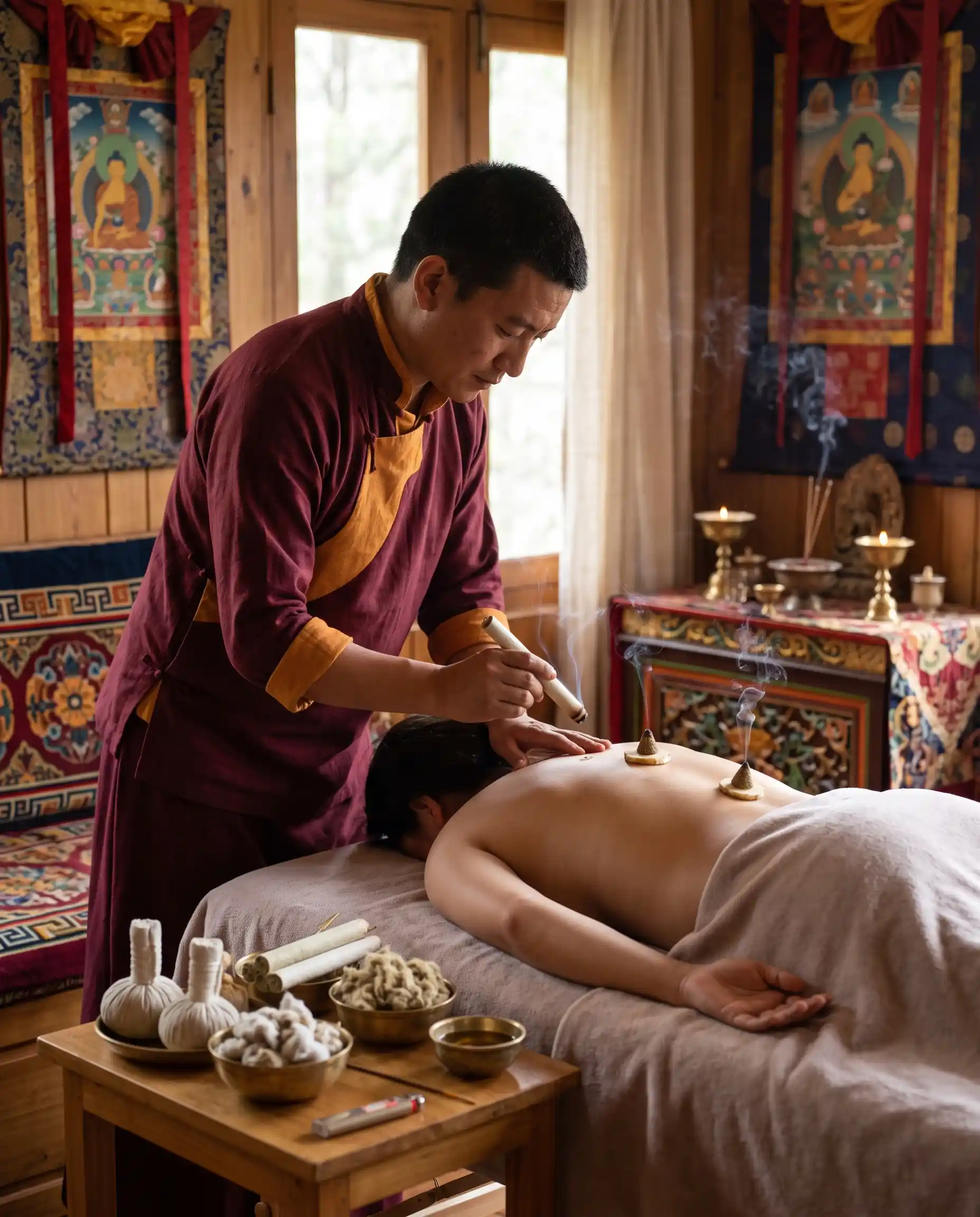 Traditional warming therapy materials in a peaceful treatment environment